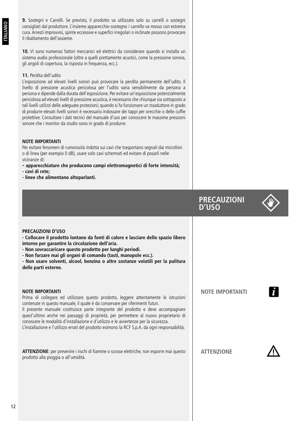 Precauzioni d’uso | RCF SUB 9007-AS Active 2 x 21" Subwoofer with RDNet Control User Manual | Page 12 / 20