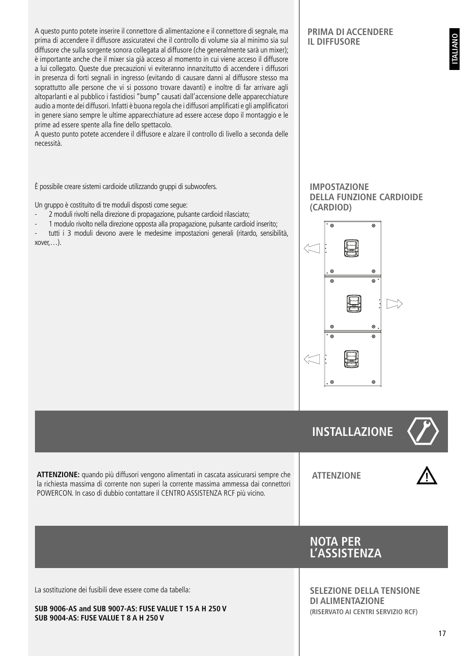 Installazione, Nota per l’assistenza | RCF SUB 9007-AS Active 2 x 21" Subwoofer with RDNet Control User Manual | Page 17 / 20