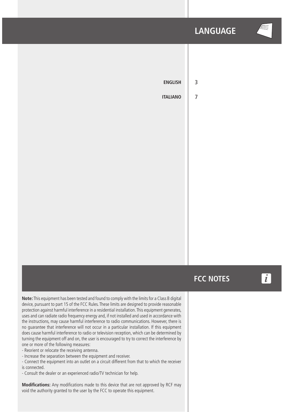 Language | RCF 710-A MK4 - 10" 2-Way 1400W Active Speaker User Manual | Page 2 / 12