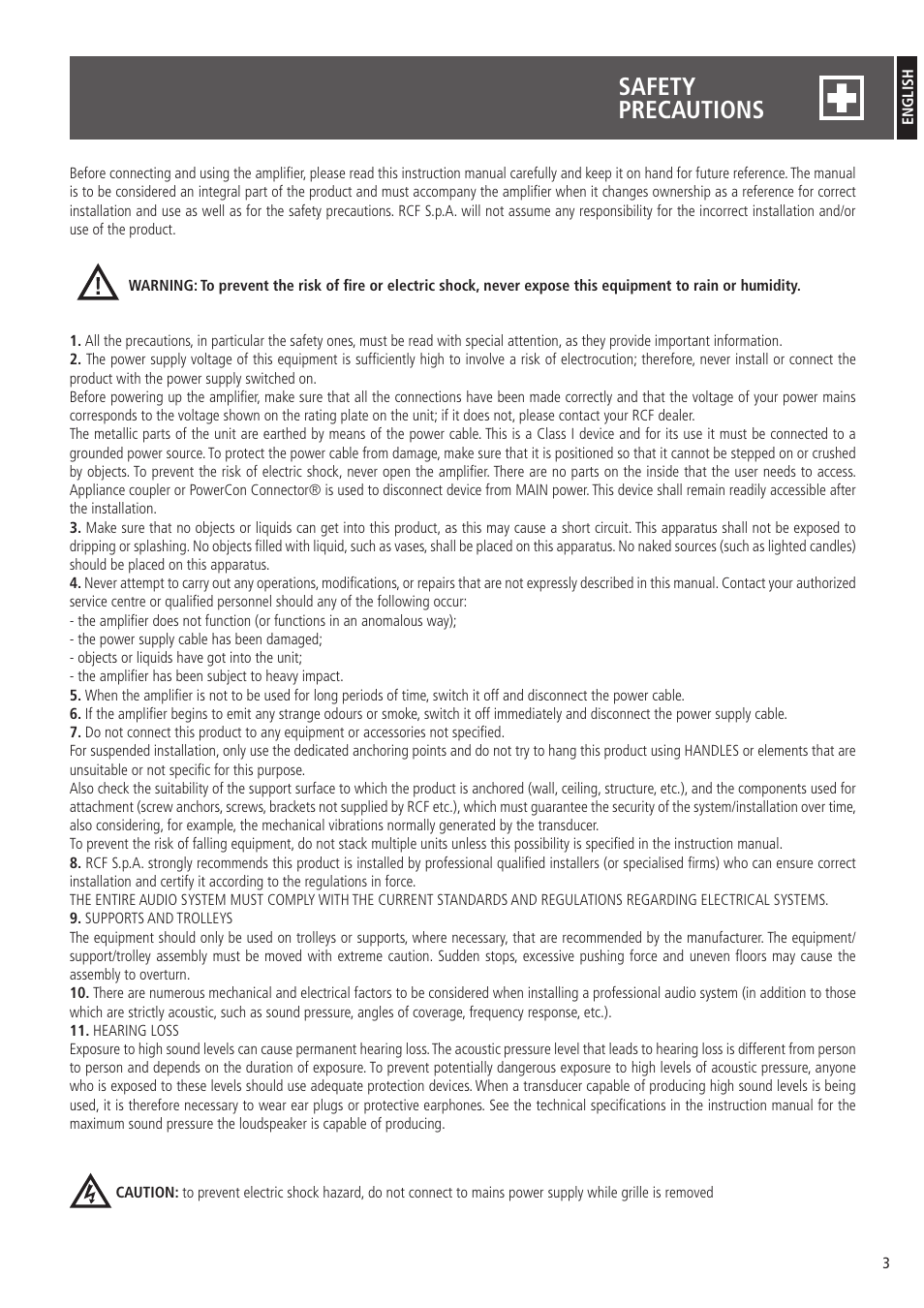 Safety precautions | RCF 710-A MK4 - 10" 2-Way 1400W Active Speaker User Manual | Page 3 / 12