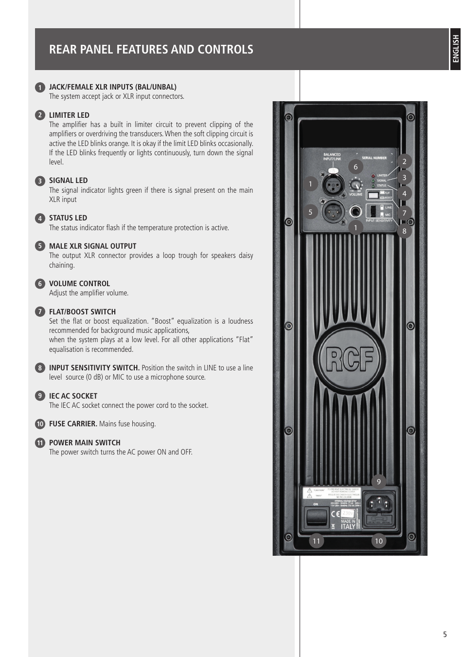 Rear panel features and controls | RCF 710-A MK4 - 10" 2-Way 1400W Active Speaker User Manual | Page 5 / 12