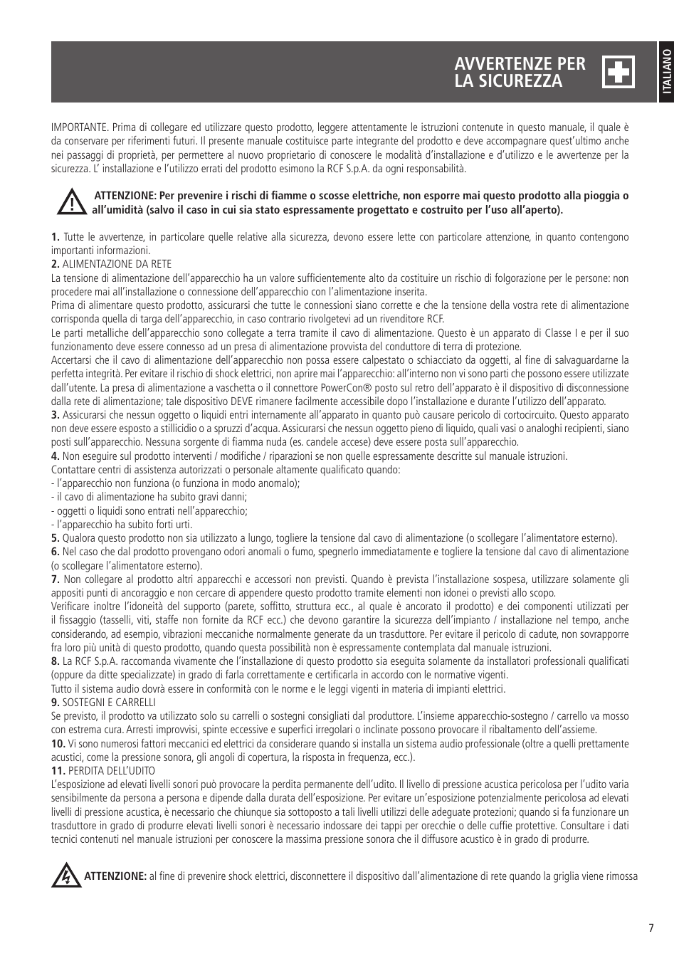 Avvertenze per la sicurezza | RCF 710-A MK4 - 10" 2-Way 1400W Active Speaker User Manual | Page 7 / 12