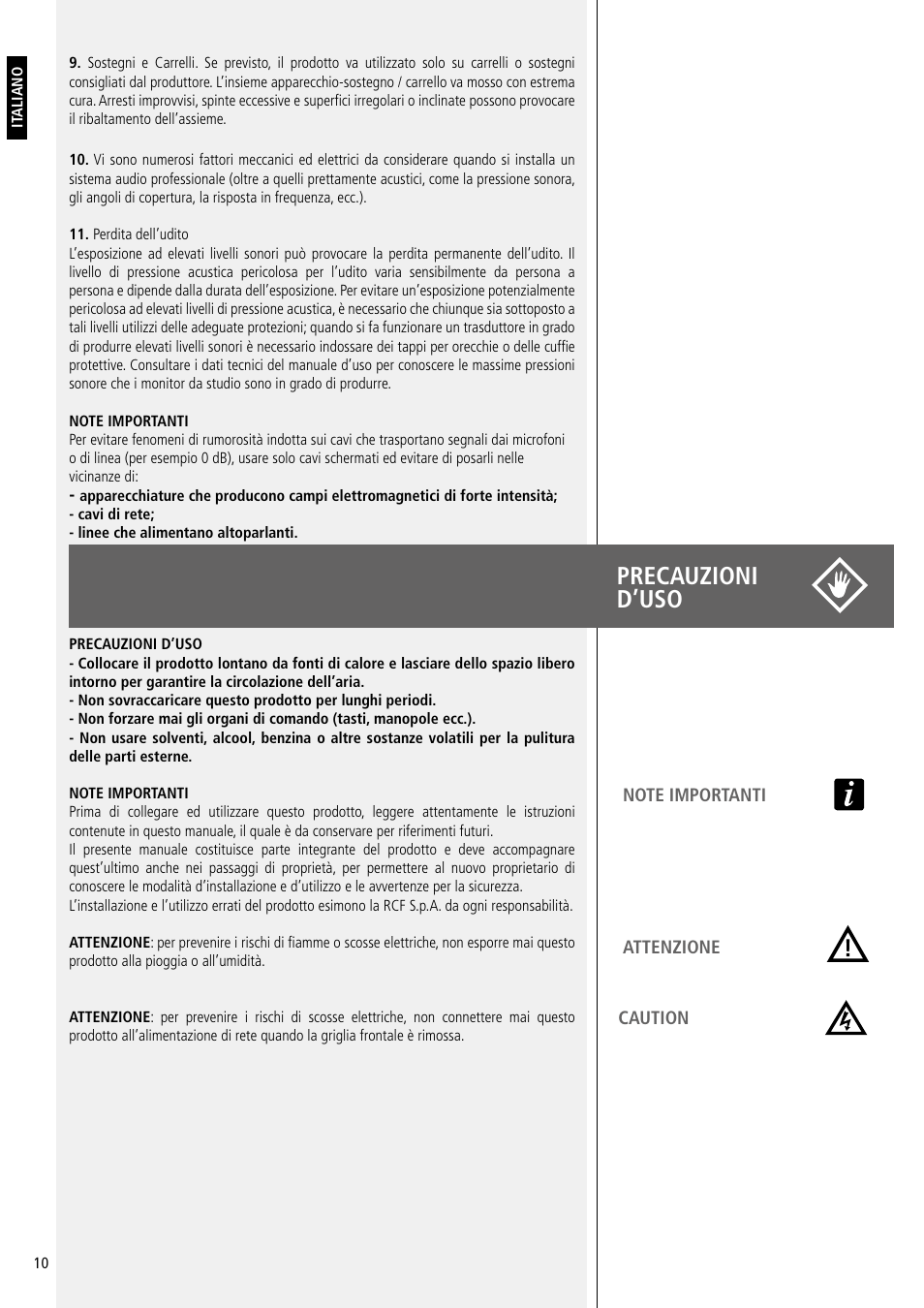 Precauzioni d’uso | RCF SUB 8003-AS II 2200W Powered 18" Subwoofer User Manual | Page 10 / 16