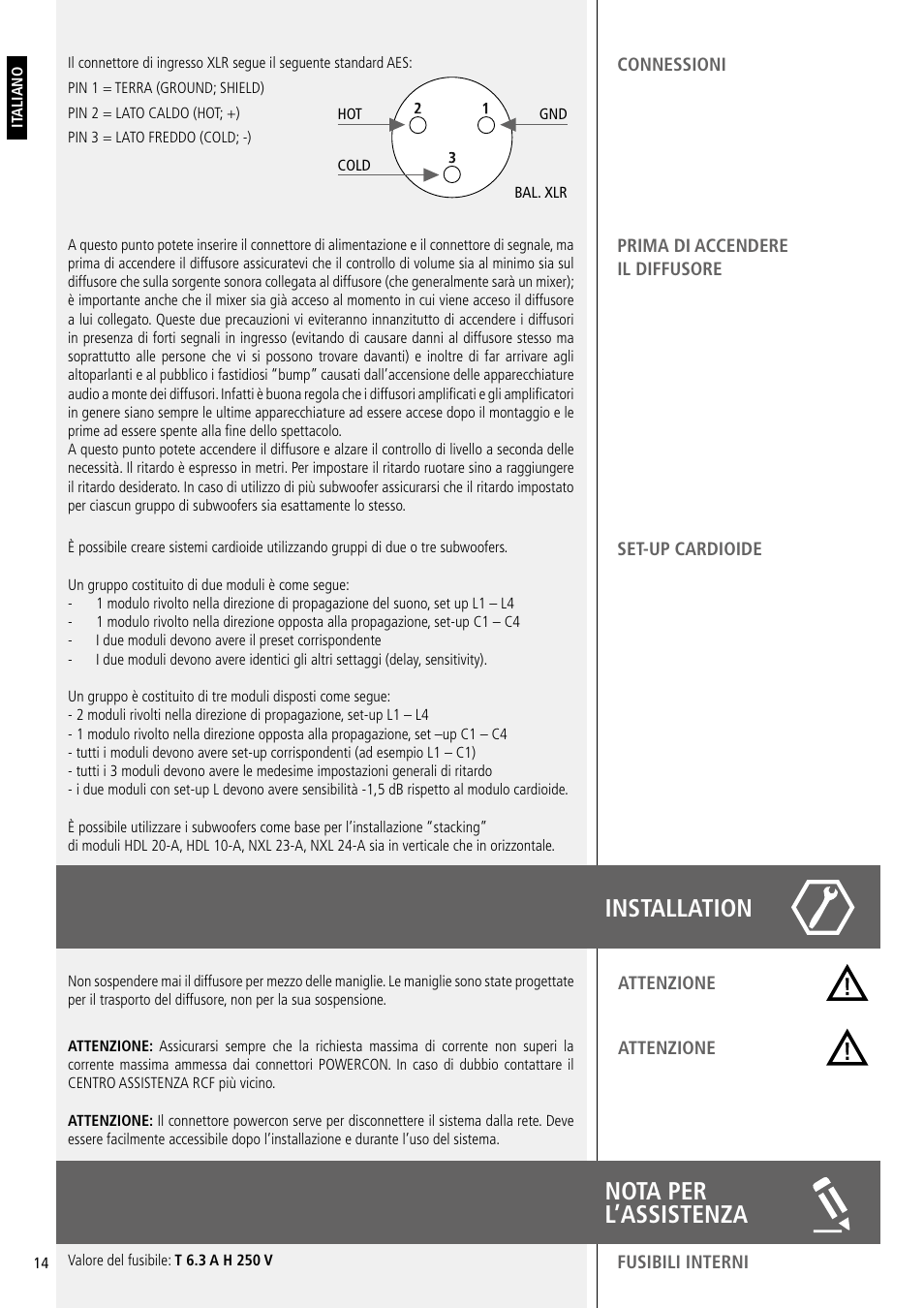 Installation nota per l’assistenza | RCF SUB 8003-AS II 2200W Powered 18" Subwoofer User Manual | Page 14 / 16