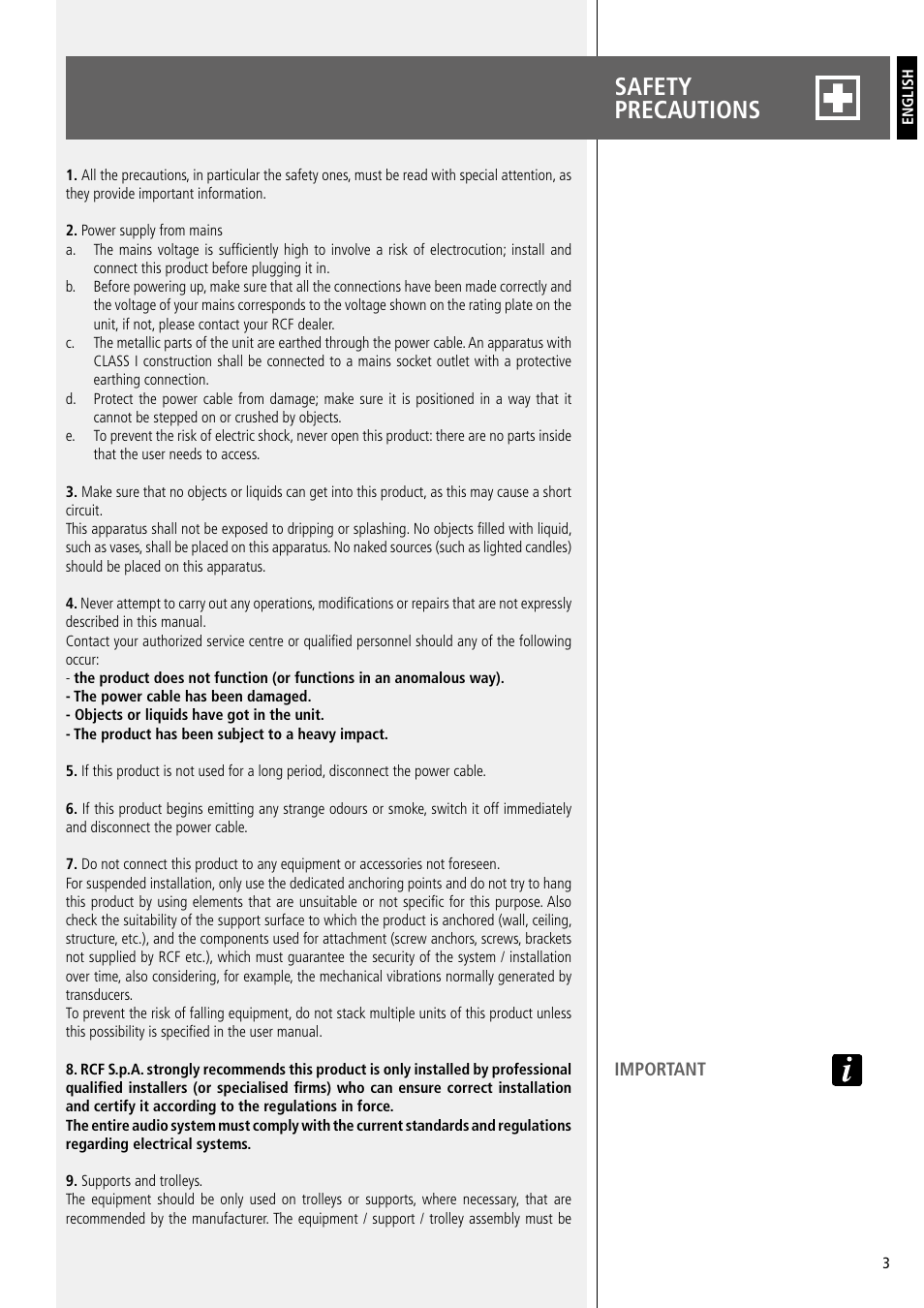 Safety precautions | RCF SUB 8003-AS II 2200W Powered 18" Subwoofer User Manual | Page 3 / 16