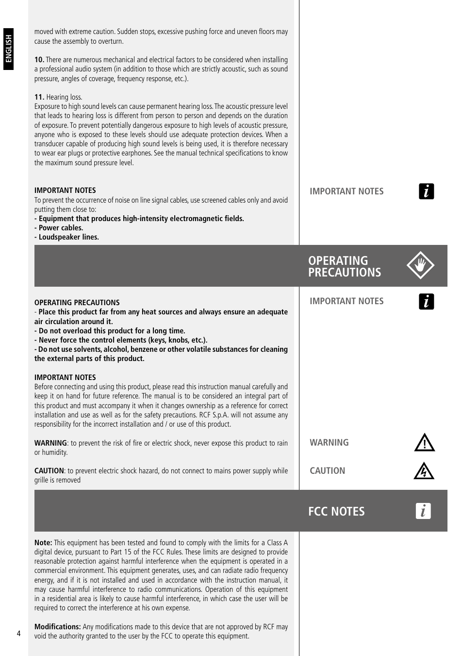 Operating precautions | RCF SUB 8003-AS II 2200W Powered 18" Subwoofer User Manual | Page 4 / 16