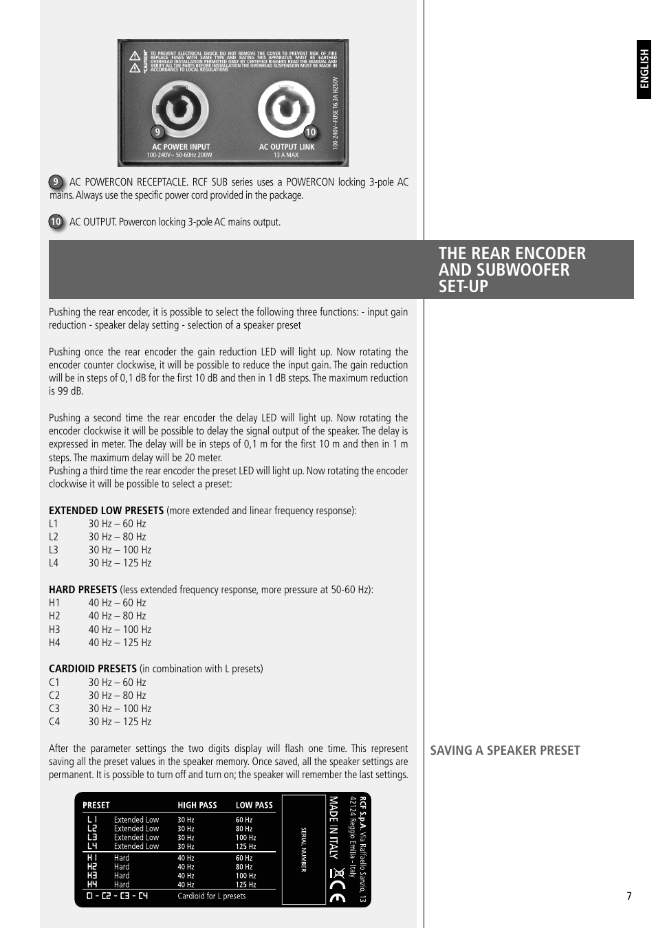 The rear encoder and subwoofer set-up | RCF SUB 8003-AS II 2200W Powered 18" Subwoofer User Manual | Page 7 / 16