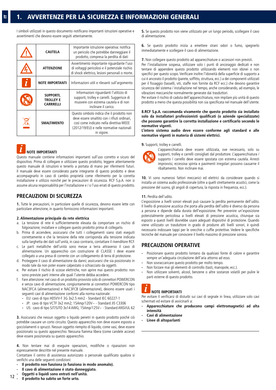 Precauzioni di sicurezza, Precauzioni operative | RCF COMPACT M 08 Passive 2-Way Speaker (White) User Manual | Page 12 / 28