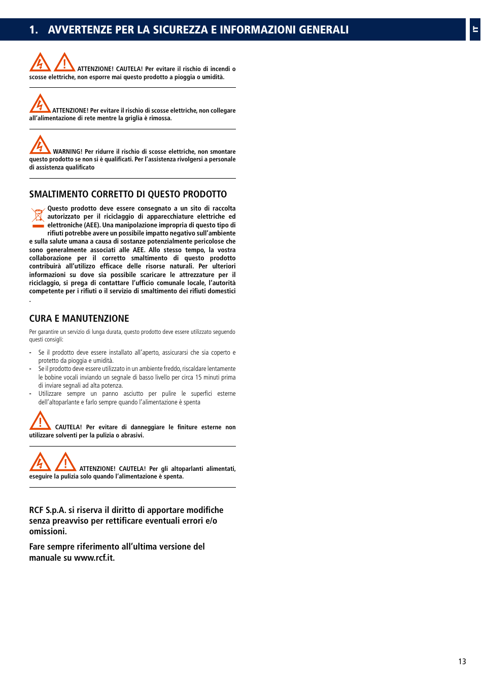 Smaltimento corretto di questo prodotto, Cura e manutenzione | RCF COMPACT M 08 Passive 2-Way Speaker (White) User Manual | Page 13 / 28