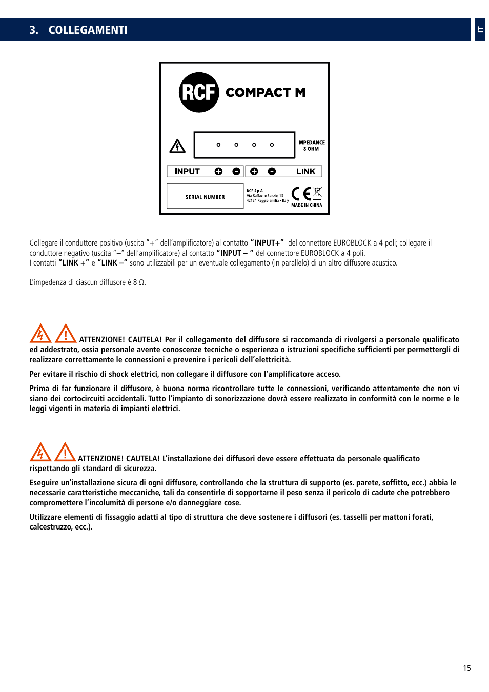 Collegamenti | RCF COMPACT M 08 Passive 2-Way Speaker (White) User Manual | Page 15 / 28