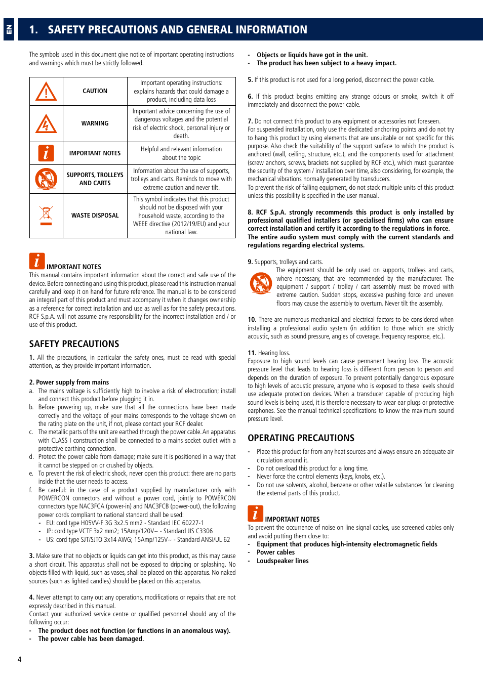 Safety precautions and general information, Safety precautions, Operating precautions | RCF COMPACT M 08 Passive 2-Way Speaker (White) User Manual | Page 4 / 28