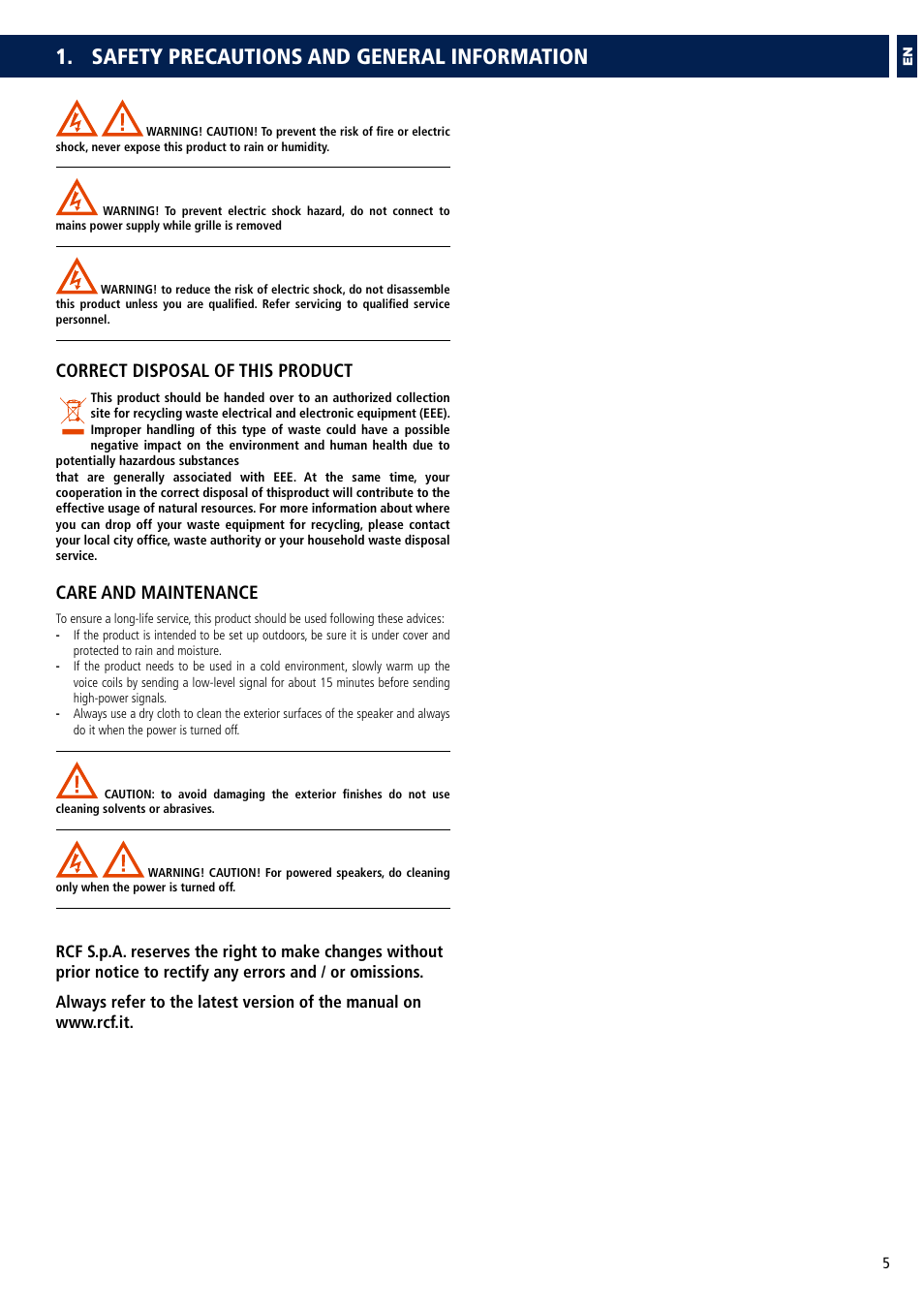 Safety precautions and general information, Correct disposal of this product, Care and maintenance | RCF COMPACT M 08 Passive 2-Way Speaker (White) User Manual | Page 5 / 28