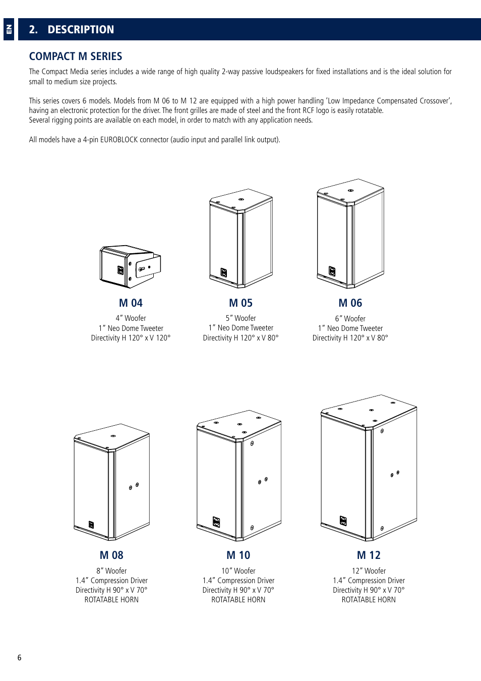 Description compact m series, M 04, M 05 | M 06, M 08, M 10, M 12 | RCF COMPACT M 08 Passive 2-Way Speaker (White) User Manual | Page 6 / 28