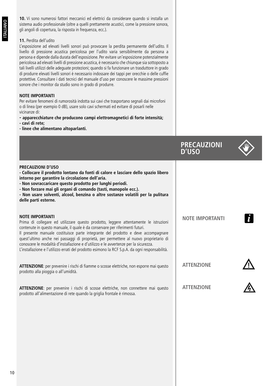 Precauzioni d’uso | RCF TT20-CXA Active Dual 8" 2-Way 1000W Monitor User Manual | Page 10 / 16