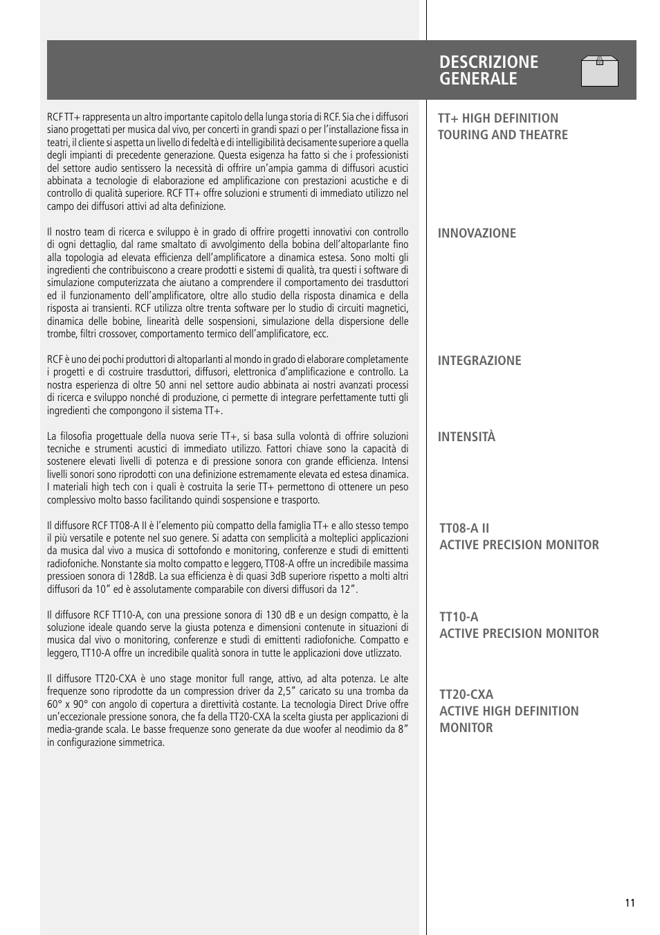 Descrizione generale | RCF TT20-CXA Active Dual 8" 2-Way 1000W Monitor User Manual | Page 11 / 16