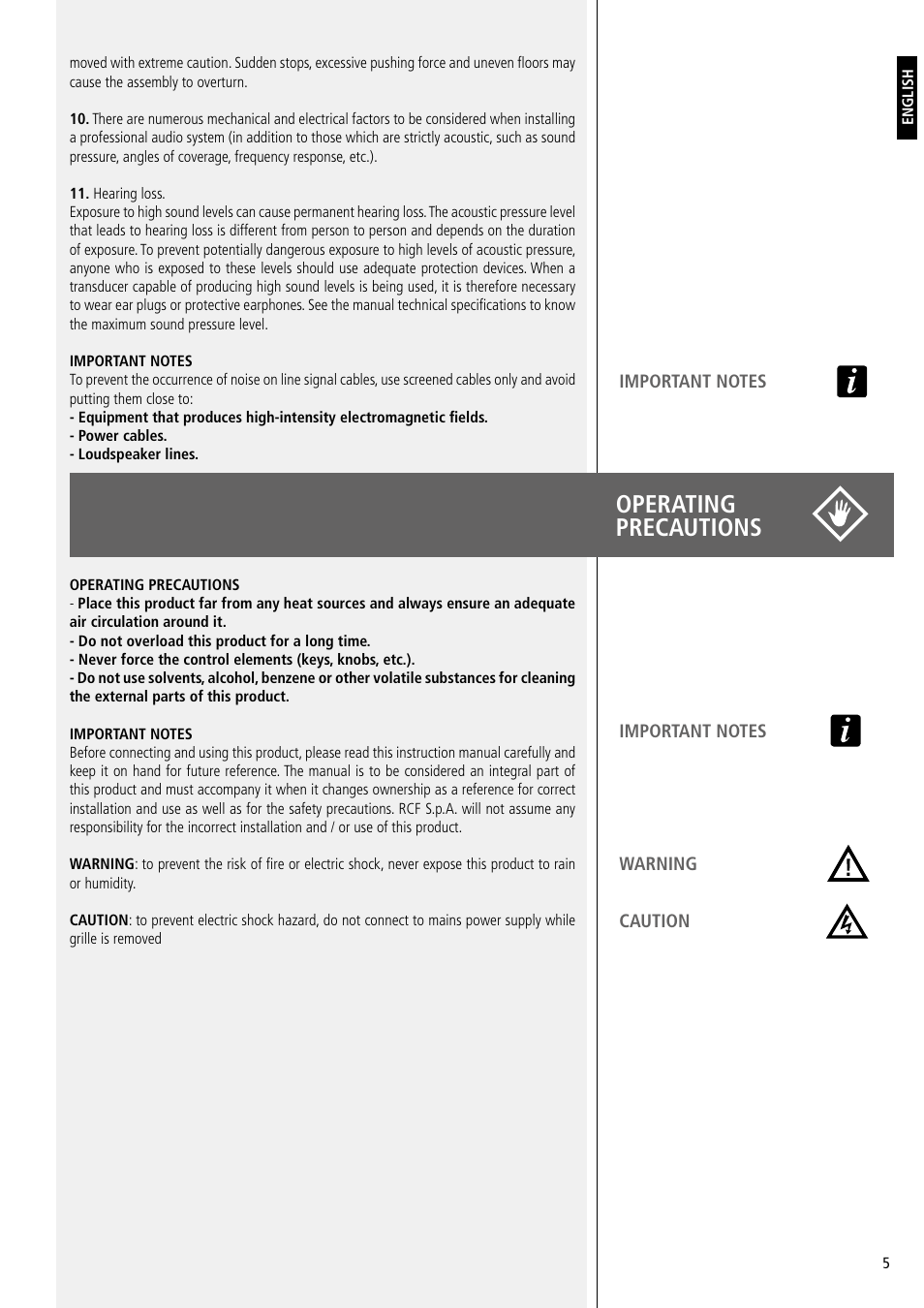 Operating precautions | RCF TT20-CXA Active Dual 8" 2-Way 1000W Monitor User Manual | Page 5 / 16