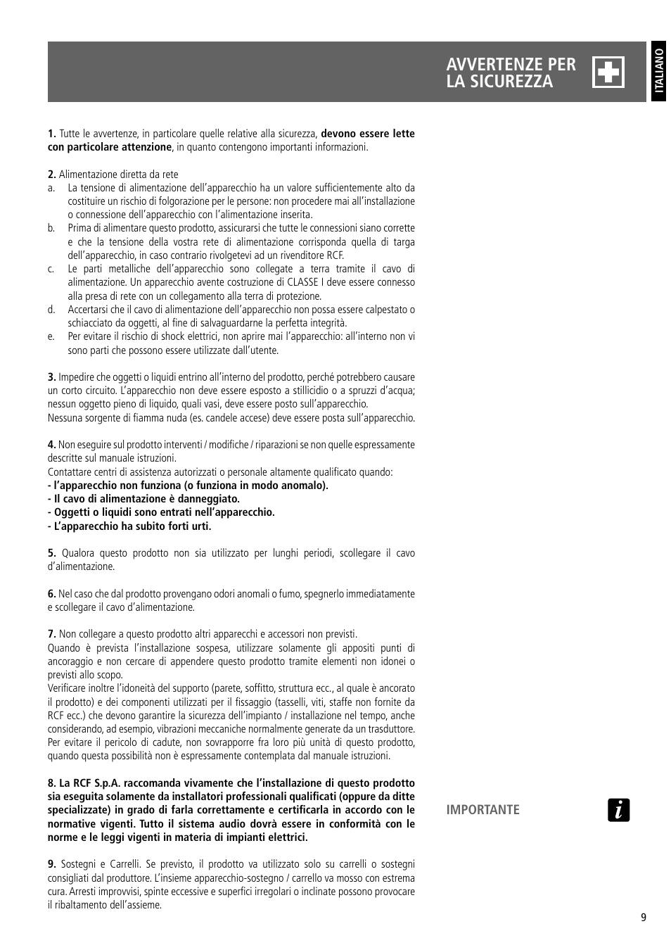 Avvertenze per la sicurezza | RCF TT20-CXA Active Dual 8" 2-Way 1000W Monitor User Manual | Page 9 / 16