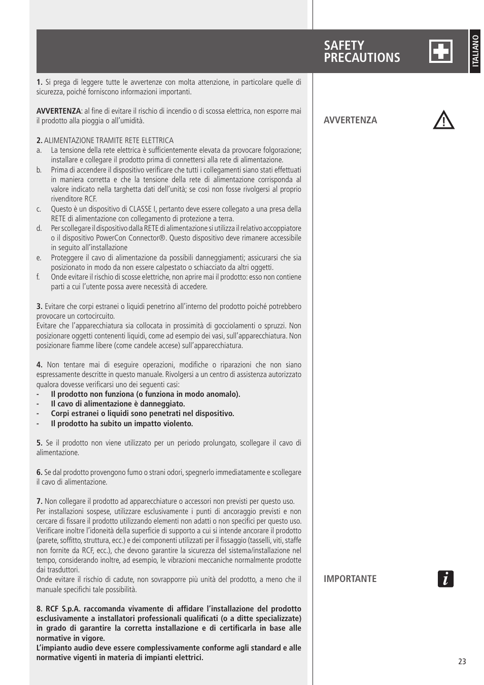 Safety precautions | RCF HDL10-A 1400W Dual 8" Active Line Array Module (Black) User Manual | Page 23 / 44