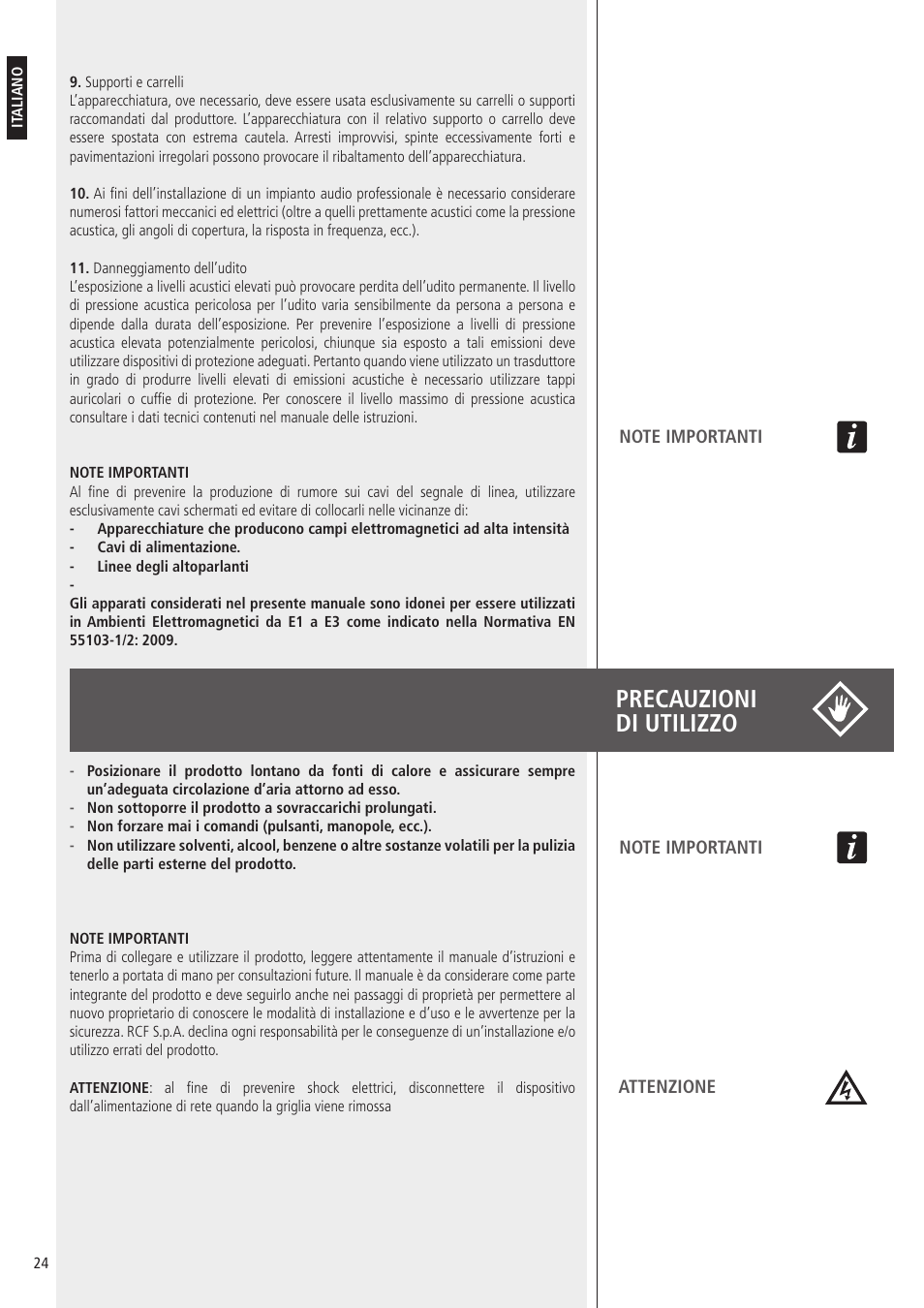 Precauzioni di utilizzo | RCF HDL10-A 1400W Dual 8" Active Line Array Module (Black) User Manual | Page 24 / 44