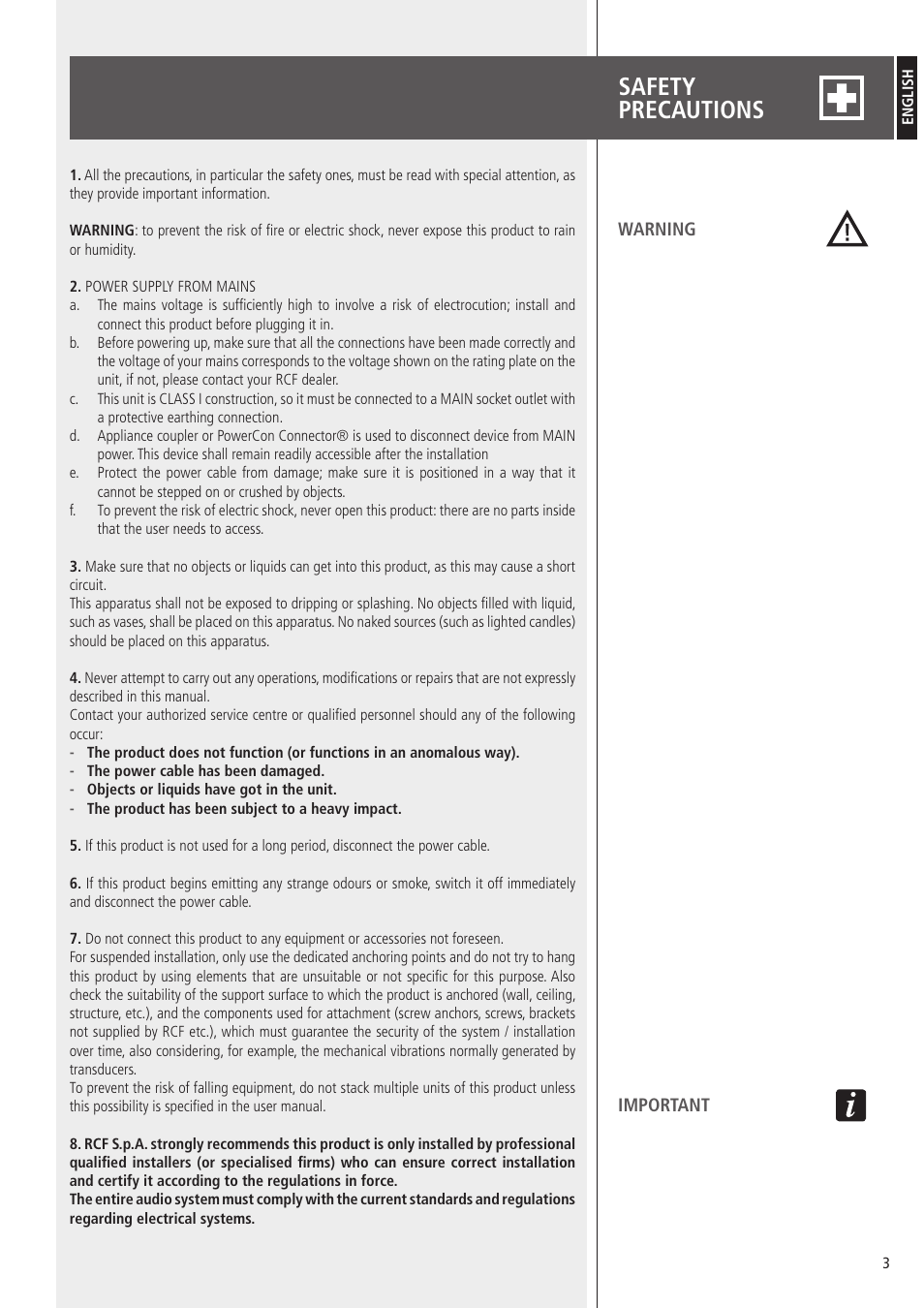 Safety precautions | RCF HDL10-A 1400W Dual 8" Active Line Array Module (Black) User Manual | Page 3 / 44