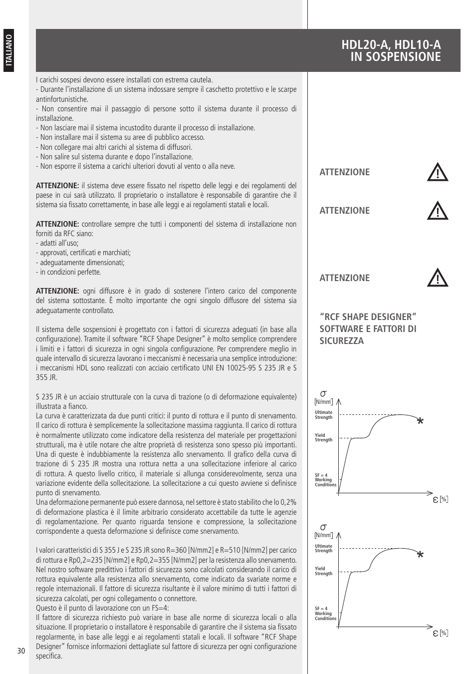 Hdl20-a, hdl10-a in sospensione, Attenzione | RCF HDL10-A 1400W Dual 8" Active Line Array Module (Black) User Manual | Page 30 / 44