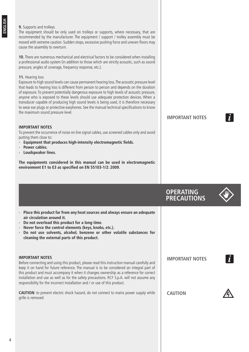 Operating precautions | RCF HDL10-A 1400W Dual 8" Active Line Array Module (Black) User Manual | Page 4 / 44