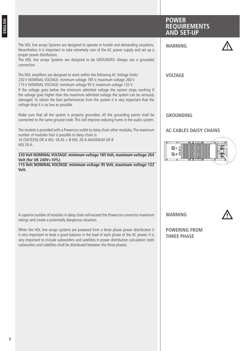 Power requirements and set-up | RCF HDL10-A 1400W Dual 8" Active Line Array Module (Black) User Manual | Page 6 / 44