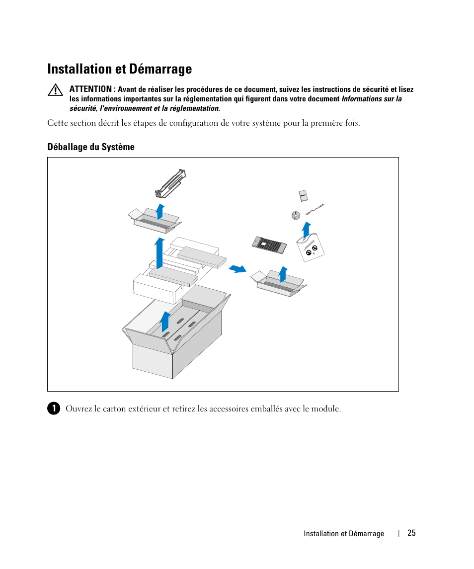 Installation et démarrage, Déballage du système | Dell 1642018871 User Manual | Page 27 / 184