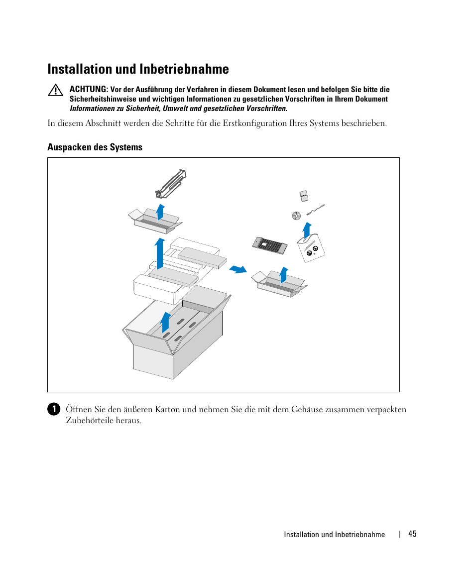 Installation und inbetriebnahme, Auspacken des systems | Dell 1642018871 User Manual | Page 47 / 184