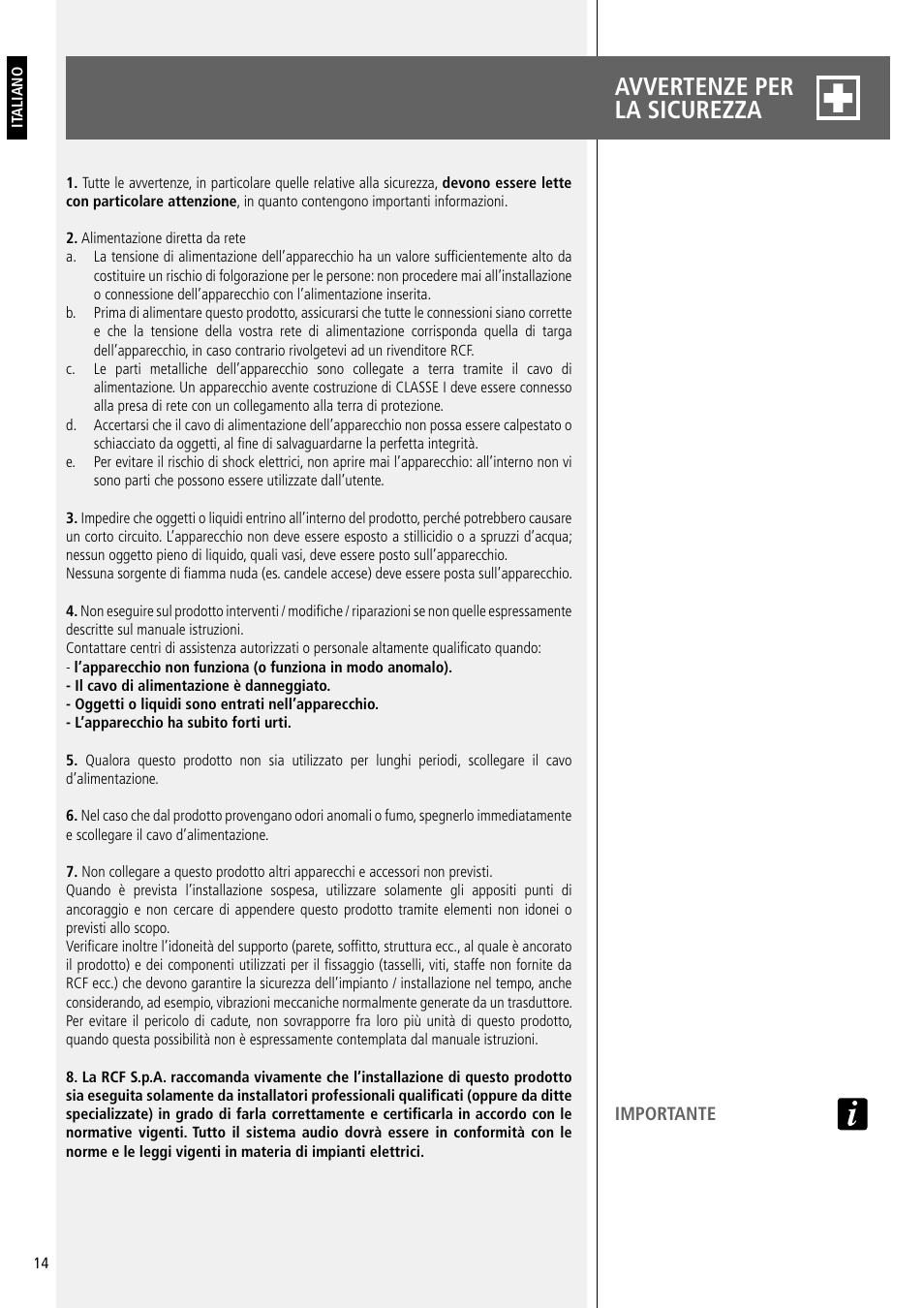 Avvertenze per la sicurezza | RCF Active 2200W 3-Way Line Array Module with 4 Channels of Class-D Amplification User Manual | Page 14 / 24