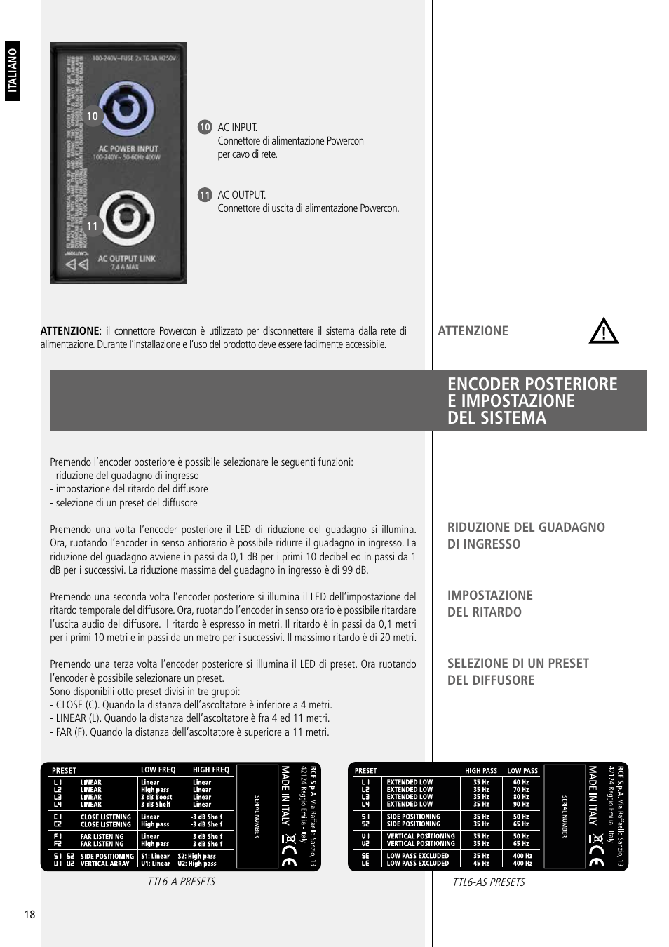 Encoder posteriore e impostazione del sistema | RCF Active 2200W 3-Way Line Array Module with 4 Channels of Class-D Amplification User Manual | Page 18 / 24