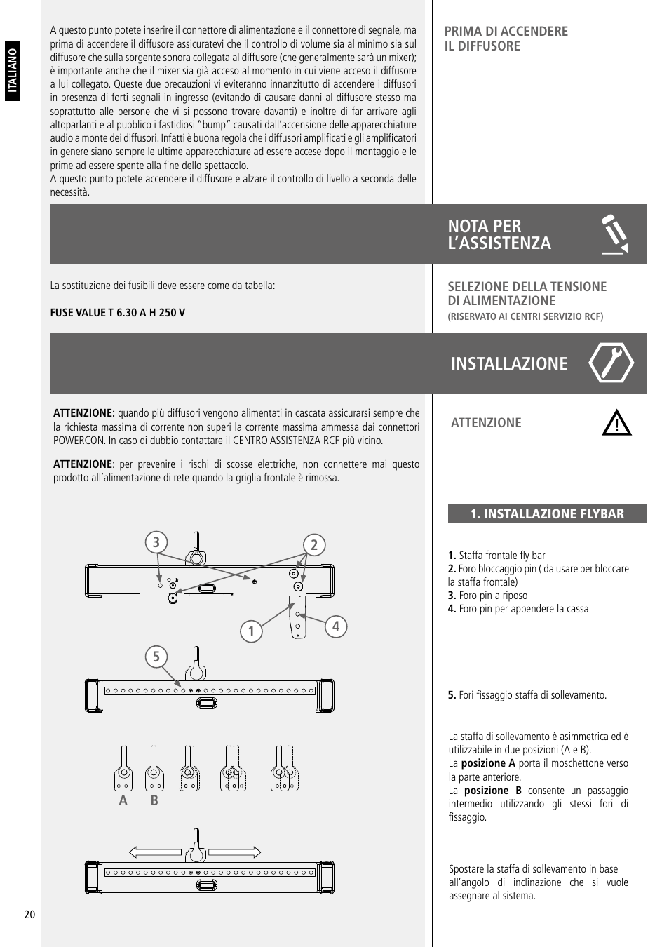 Installazione, Nota per l’assistenza | RCF Active 2200W 3-Way Line Array Module with 4 Channels of Class-D Amplification User Manual | Page 20 / 24