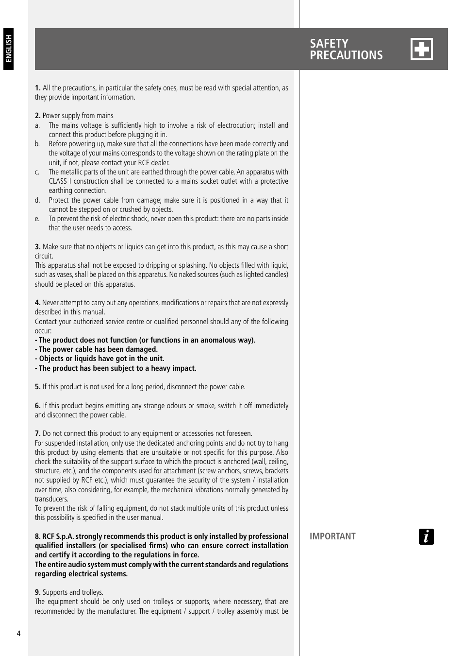 Safety precautions | RCF Active 2200W 3-Way Line Array Module with 4 Channels of Class-D Amplification User Manual | Page 4 / 24