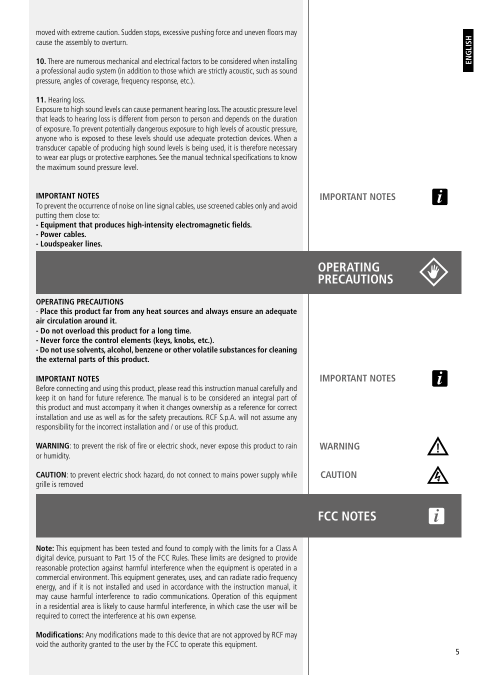 Operating precautions | RCF Active 2200W 3-Way Line Array Module with 4 Channels of Class-D Amplification User Manual | Page 5 / 24