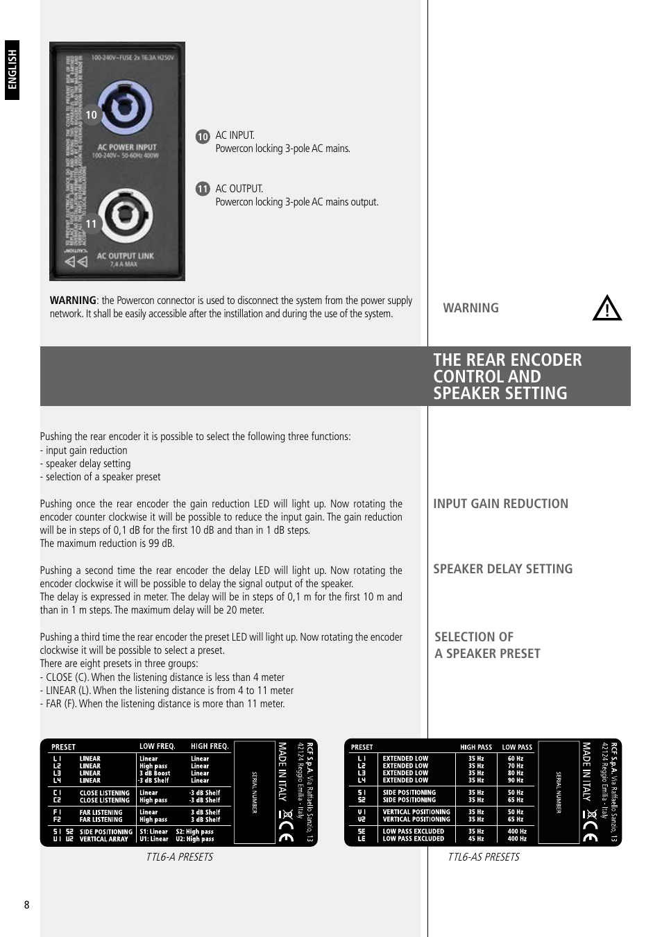 The rear encoder control and speaker setting | RCF Active 2200W 3-Way Line Array Module with 4 Channels of Class-D Amplification User Manual | Page 8 / 24