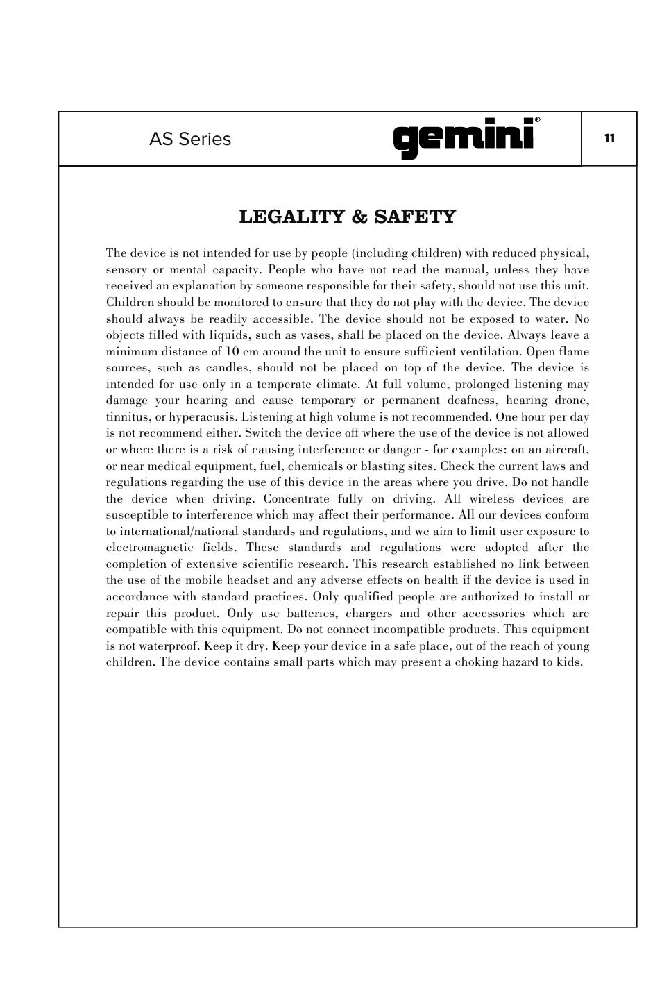 Legality & safety, As series | Gemini 2000W 15" Active Bluetooth Loudspeaker with Stand & Mic User Manual | Page 11 / 22