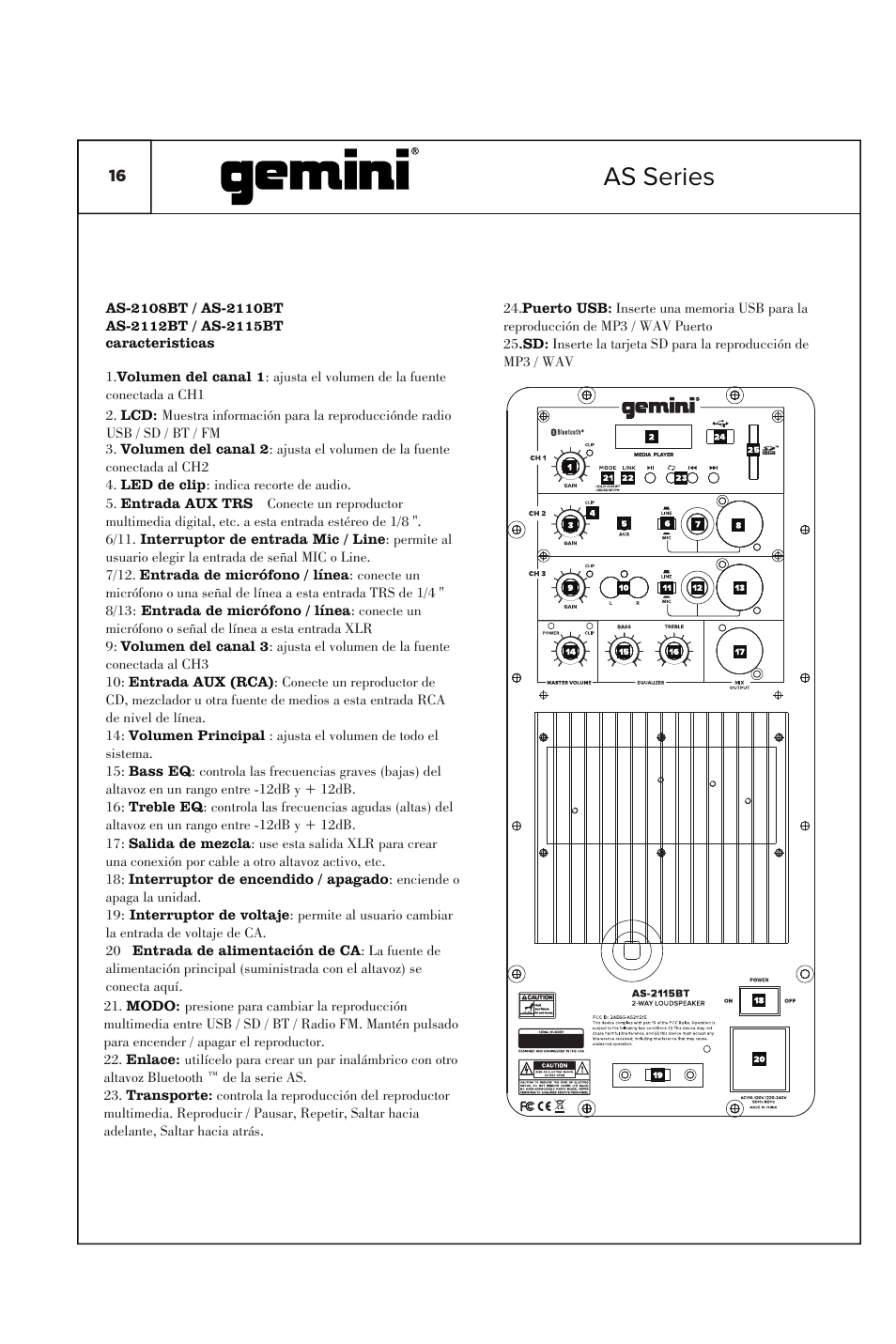 As series | Gemini 2000W 15" Active Bluetooth Loudspeaker with Stand & Mic User Manual | Page 16 / 22