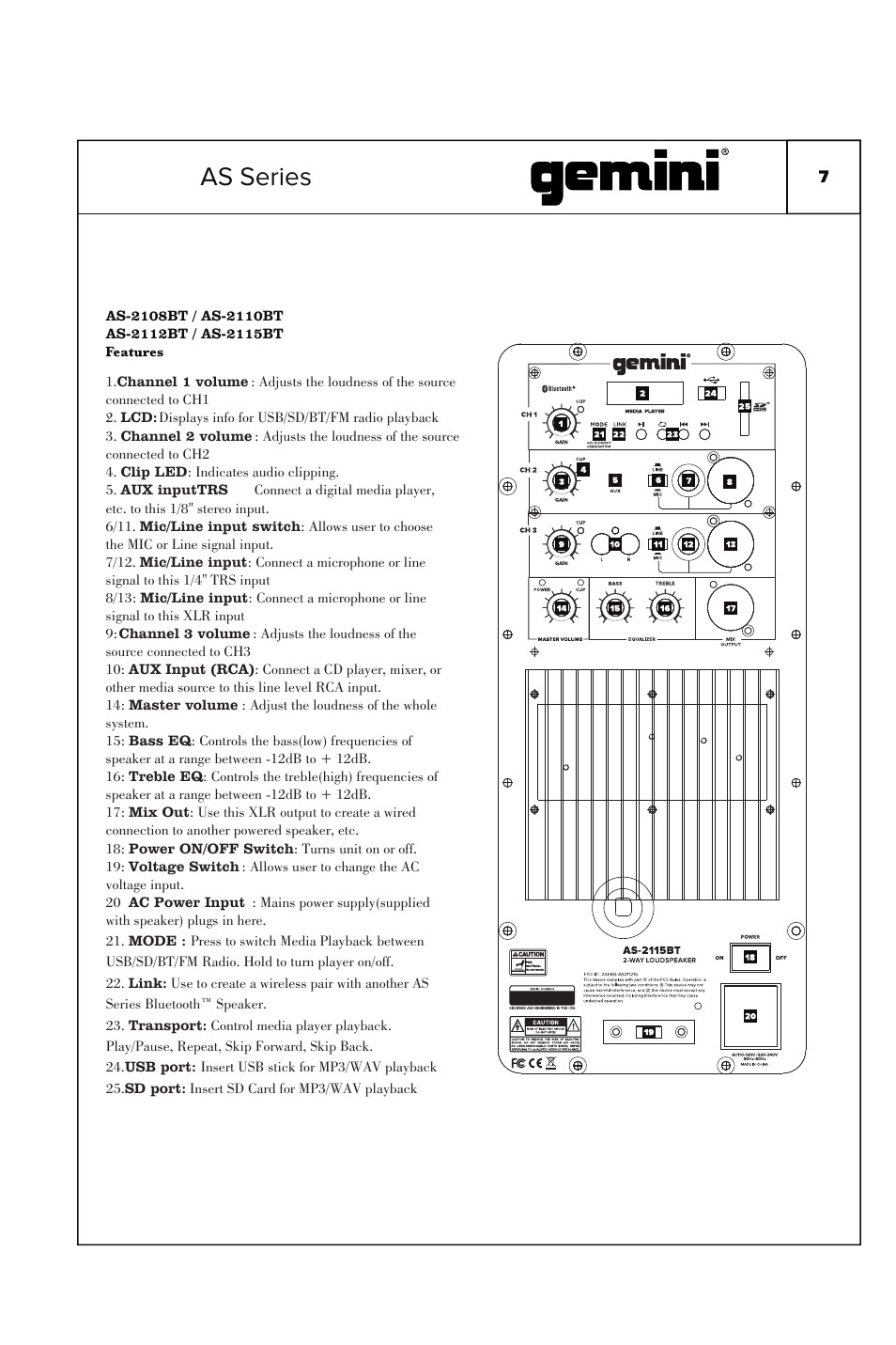 As series | Gemini 2000W 15" Active Bluetooth Loudspeaker with Stand & Mic User Manual | Page 7 / 22