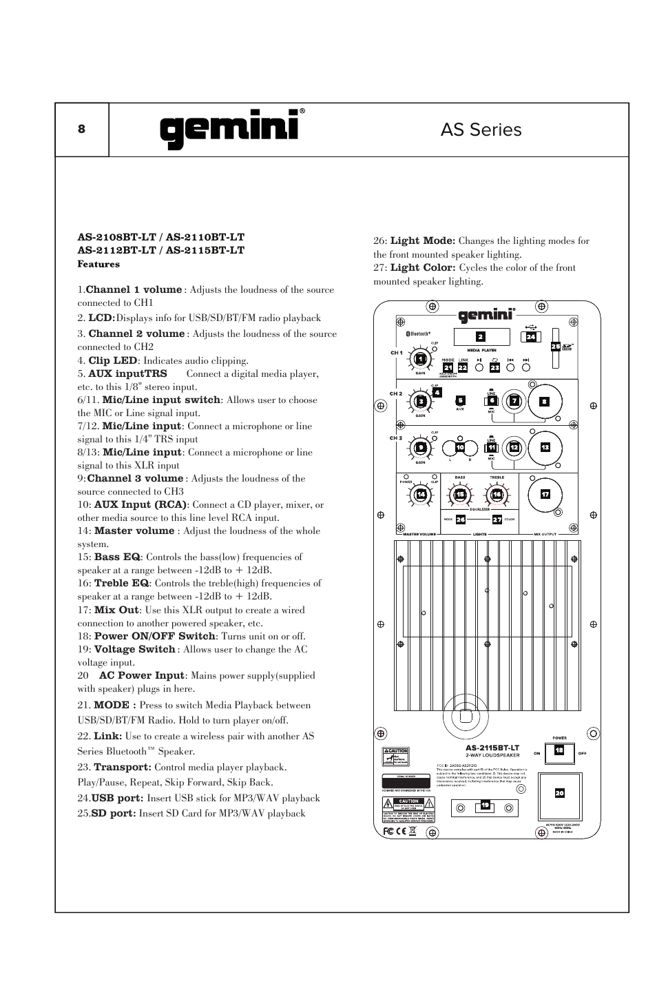 As series | Gemini 2000W 15" Active Bluetooth Loudspeaker with Stand & Mic User Manual | Page 8 / 22