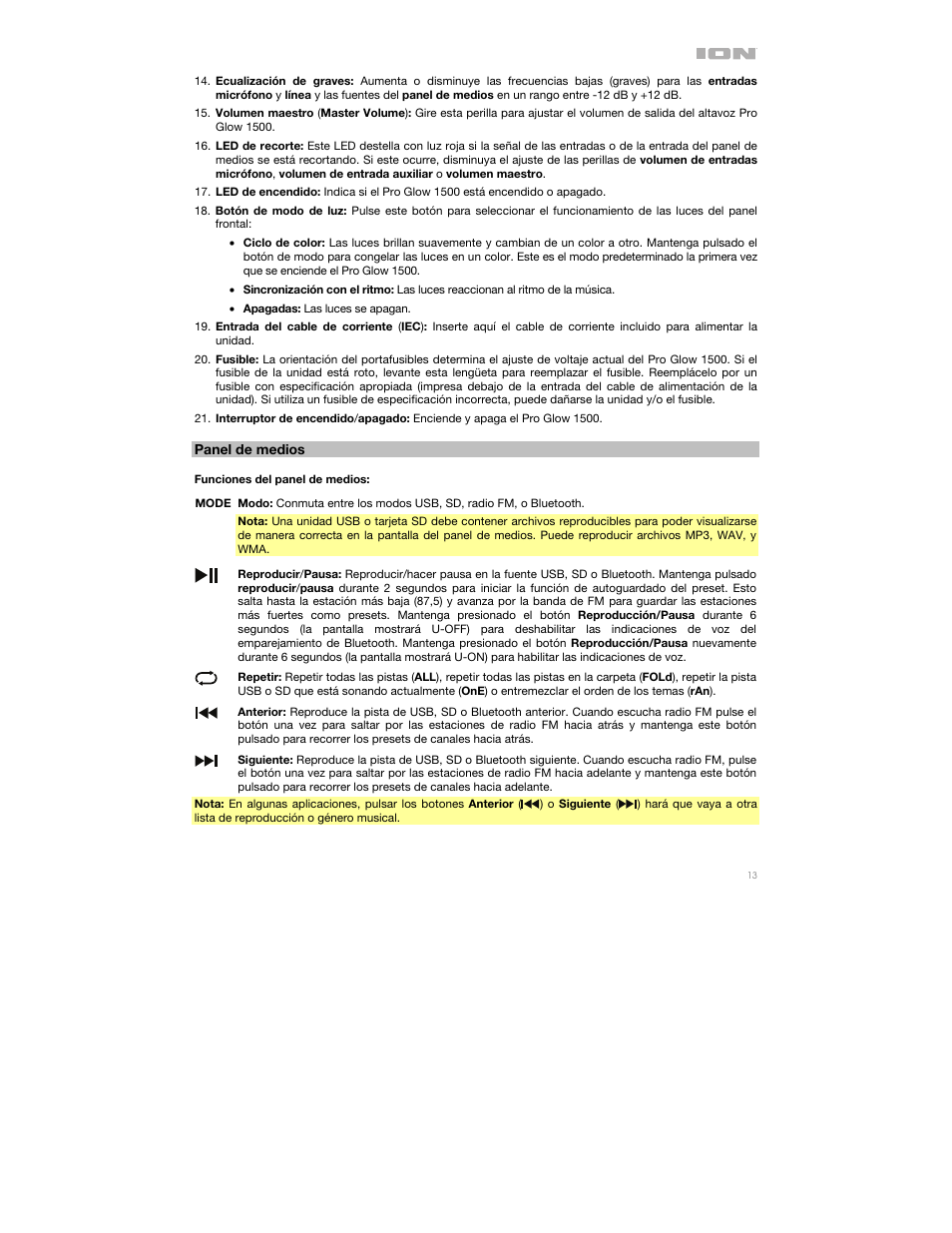 Panel de medios | ION Audio Pro Glow 1500 Complete High-Powered 500W Bluetooth Speaker System User Manual | Page 13 / 28