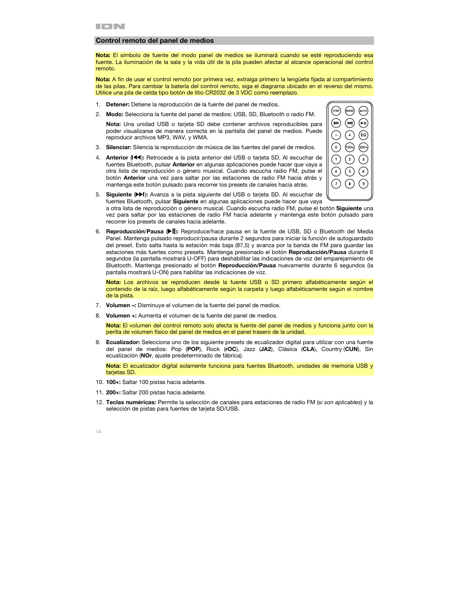Control remoto del panel de medios | ION Audio Pro Glow 1500 Complete High-Powered 500W Bluetooth Speaker System User Manual | Page 14 / 28