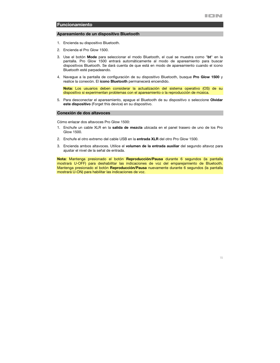 Funcionamiento, Apareamiento de un dispositivo bluetooth, Conexión de dos altavoces | ION Audio Pro Glow 1500 Complete High-Powered 500W Bluetooth Speaker System User Manual | Page 15 / 28