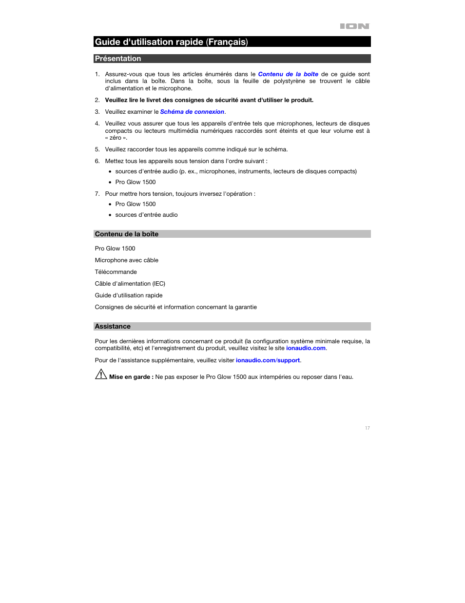 Guide d'utilisation rapide (français), Présentation, Contenu de la boîte | Assistance, Guide d'utilisation rapide ( français ) | ION Audio Pro Glow 1500 Complete High-Powered 500W Bluetooth Speaker System User Manual | Page 17 / 28