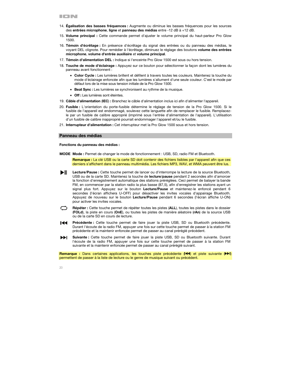 Panneau des médias | ION Audio Pro Glow 1500 Complete High-Powered 500W Bluetooth Speaker System User Manual | Page 20 / 28