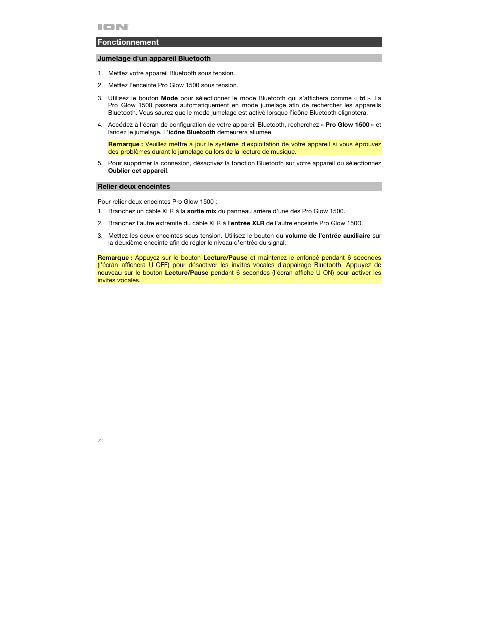 Fonctionnement, Jumelage d'un appareil bluetooth, Relier deux enceintes | ION Audio Pro Glow 1500 Complete High-Powered 500W Bluetooth Speaker System User Manual | Page 22 / 28