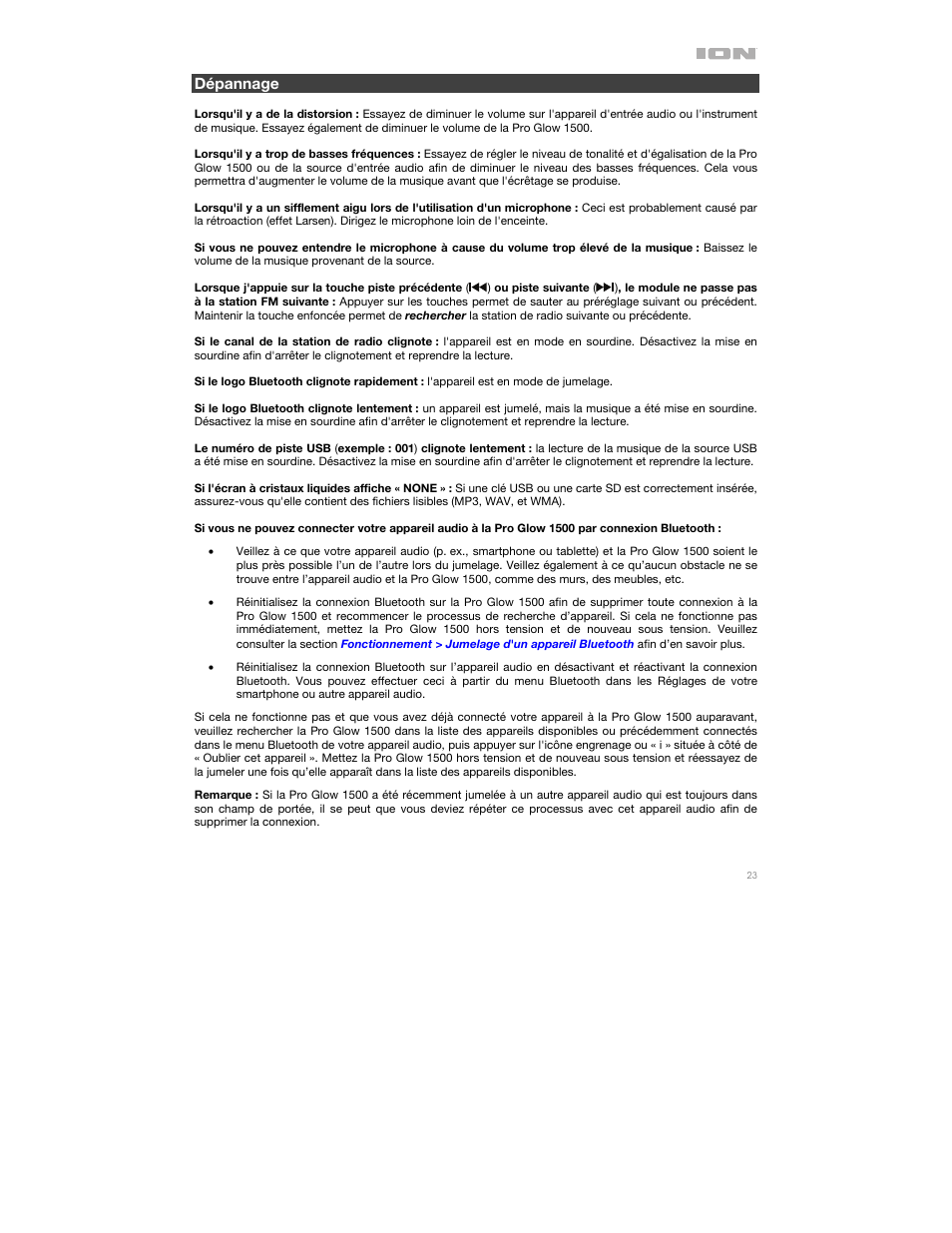 Dépannage | ION Audio Pro Glow 1500 Complete High-Powered 500W Bluetooth Speaker System User Manual | Page 23 / 28