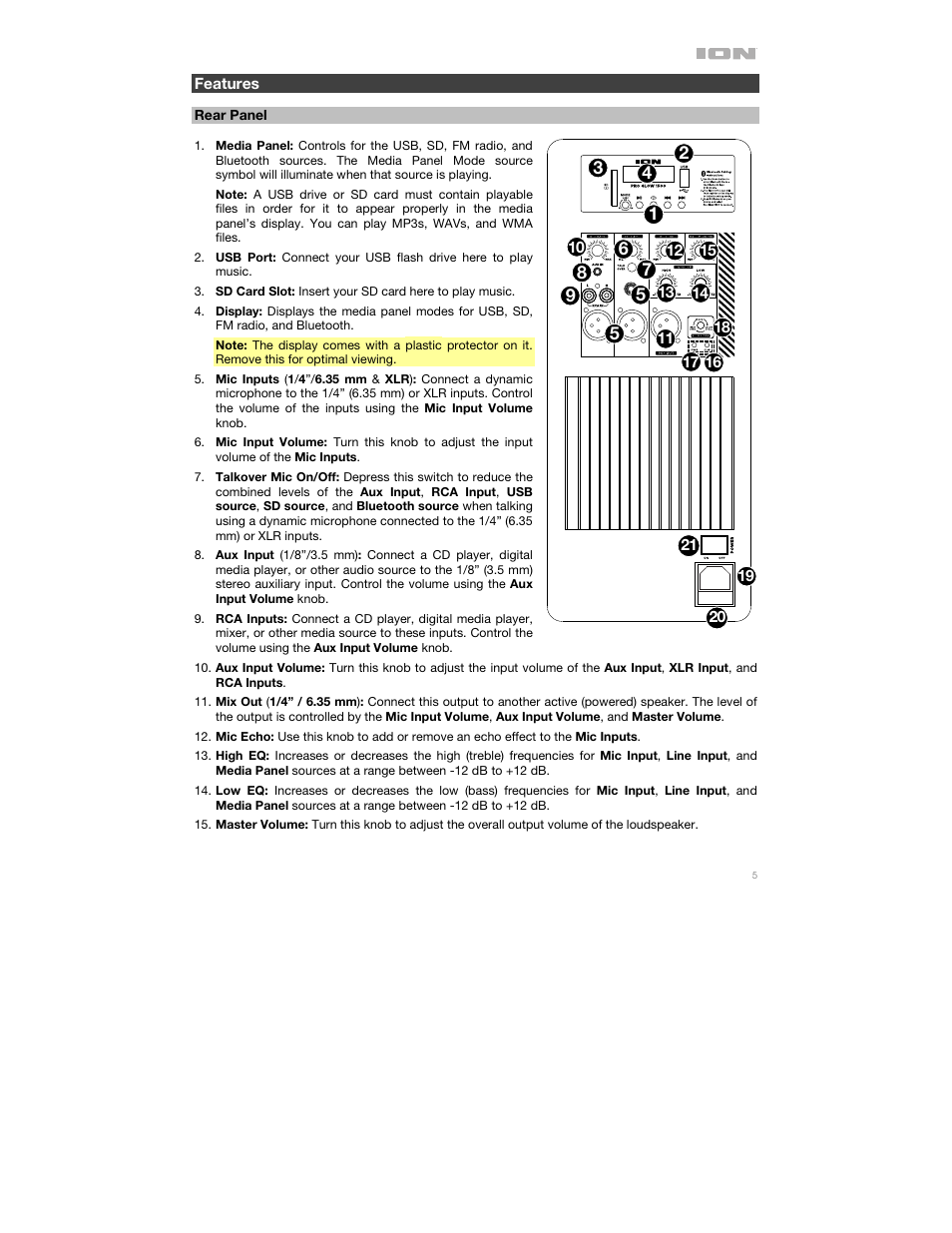 Features, Rear panel | ION Audio Pro Glow 1500 Complete High-Powered 500W Bluetooth Speaker System User Manual | Page 5 / 28