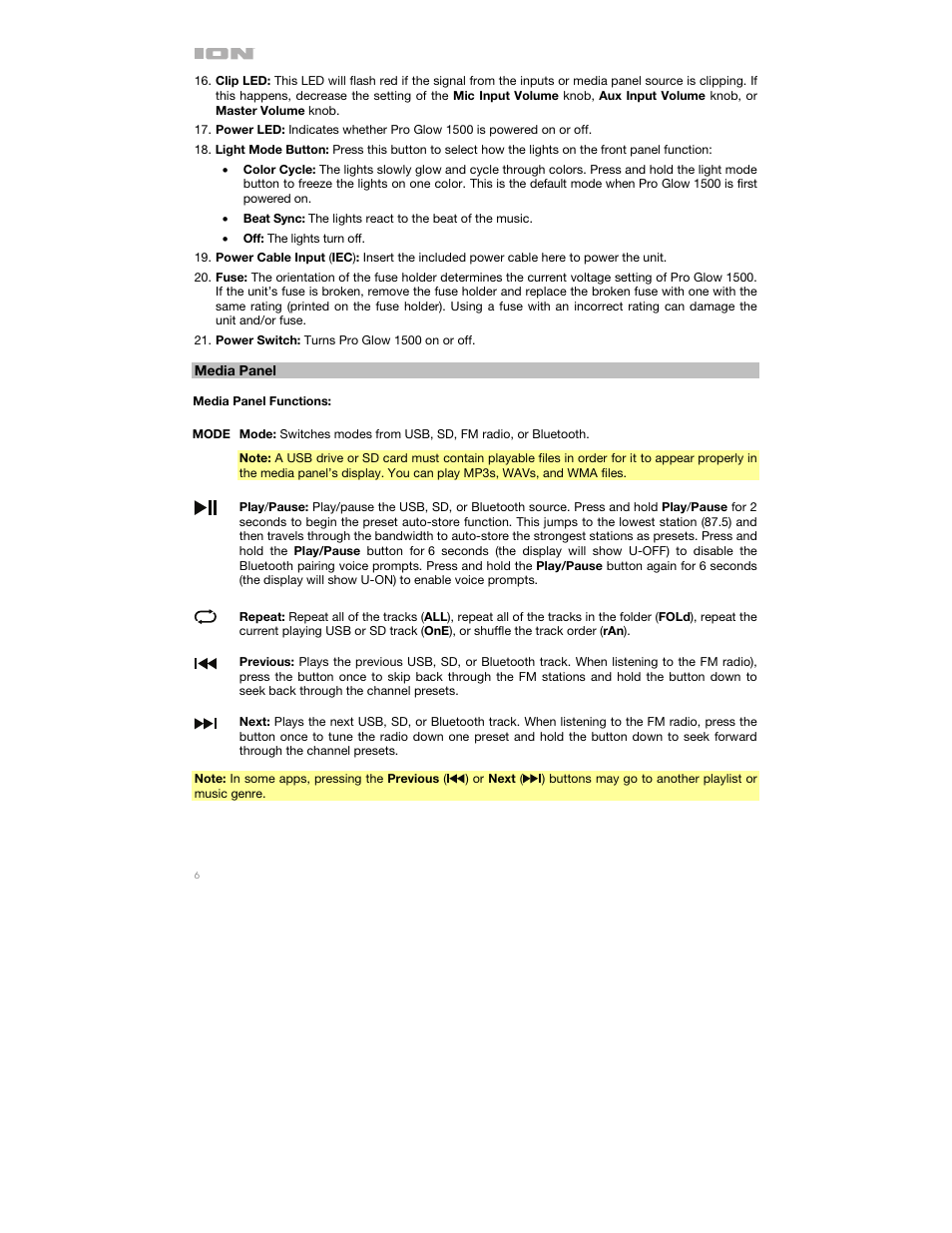 Media panel | ION Audio Pro Glow 1500 Complete High-Powered 500W Bluetooth Speaker System User Manual | Page 6 / 28