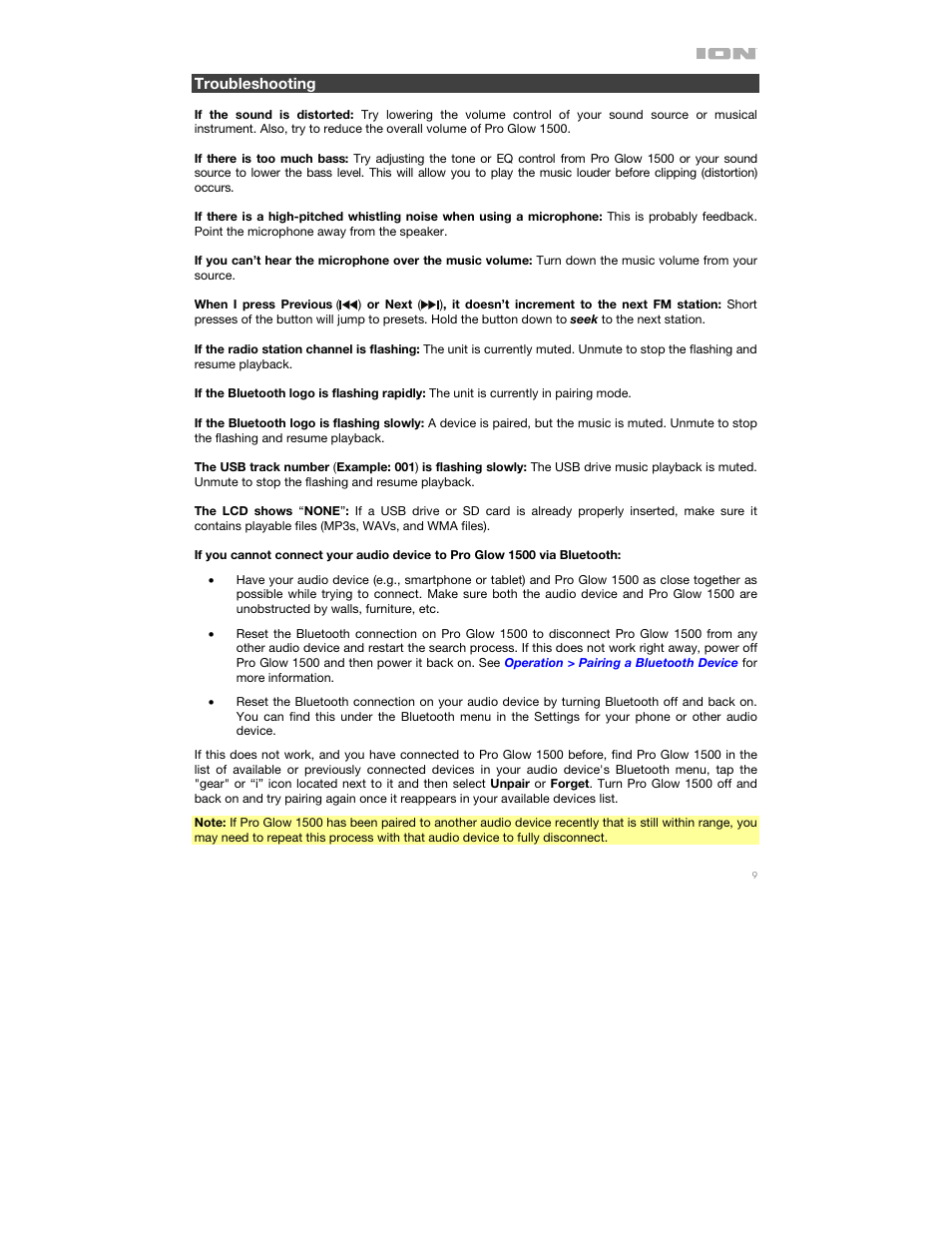 Troubleshooting | ION Audio Pro Glow 1500 Complete High-Powered 500W Bluetooth Speaker System User Manual | Page 9 / 28