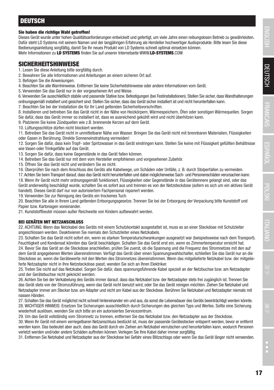 Sicherheitshinweise | LD Systems CURV 500 AVS Portable Array System AV Set with Speaker Cables (Black) User Manual | Page 17 / 120